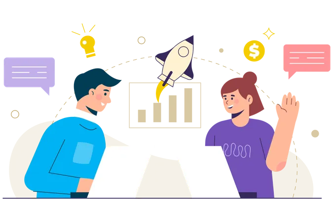 Business Concept Growth And Career Vector Illustration Of A Business Man Who Running With Increase Graphic Chart Discussion With Team Member For The Mext Level Illustration