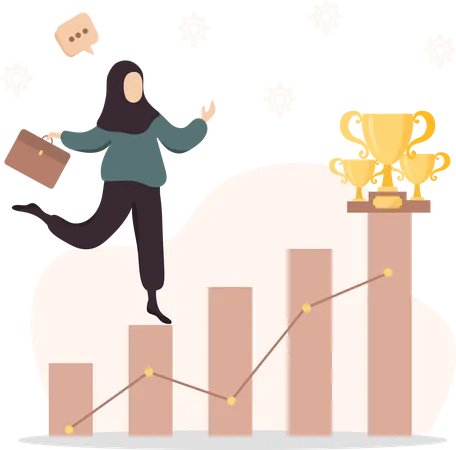 Cartoon Vector Illustration Of Business And Education Concept Business Woman Climbing The Career Ladder Islamic Girl In Hijab Goes To Her Goal Flat Style Illustration