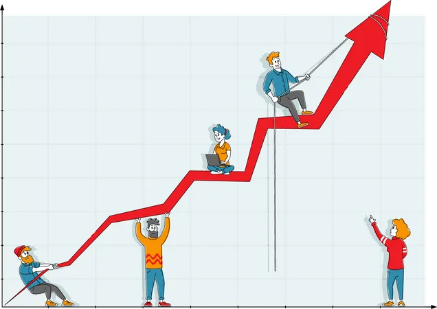 Business People Characters Teamwork Cooperation Concept Team Of Businesspeople Climbing Growing Arrow Chart Leader On Top Financial Success Career Growth Partnership Linear Vector Illustration Illustration