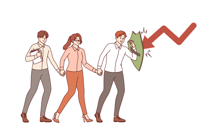 Business guide guides colleagues saving them from danger and fending off crises with shield  Illustration