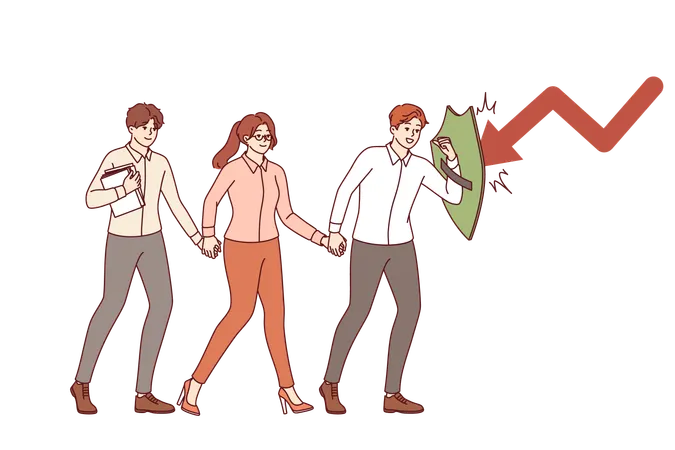 Business guide guides colleagues saving them from danger and fending off crises with shield  Illustration
