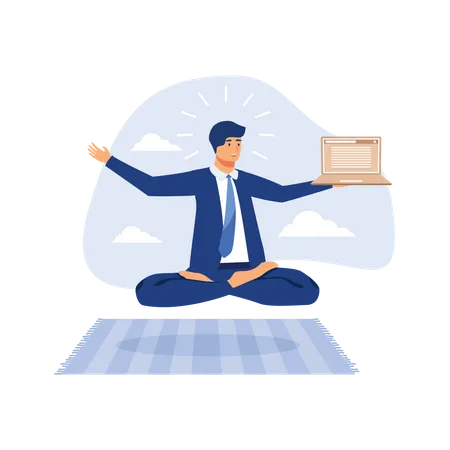 Business guru or expertise, professional advisor or consultant, smart thinking to solve problem concept, genius businessman sitting meditate working with computer laptop floating in the air.  Illustration