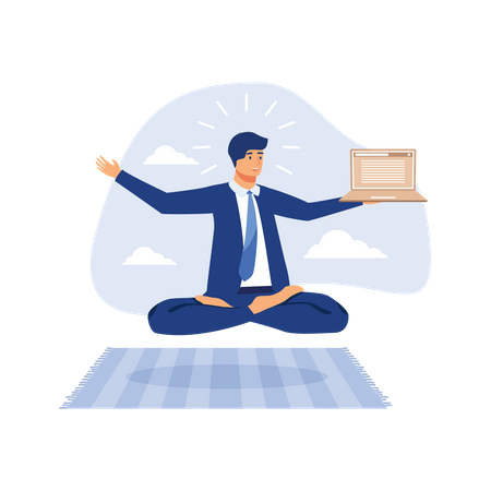 Business guru or expertise, professional advisor or consultant, smart thinking to solve problem concept, genius businessman sitting meditate working with computer laptop floating in the air. Illustration