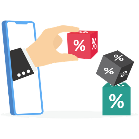 Mão de negócios conecta bloco de cubo com símbolo de porcentagem  Ilustração