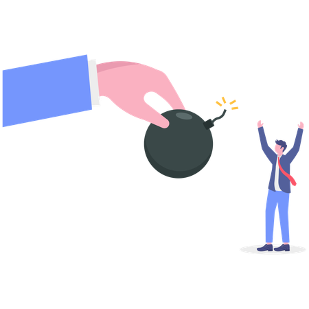 Business hand holding bomb while businessman standing with open hands  Illustration