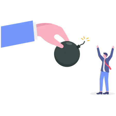 Business hand holding bomb while businessman standing with open hands  Illustration