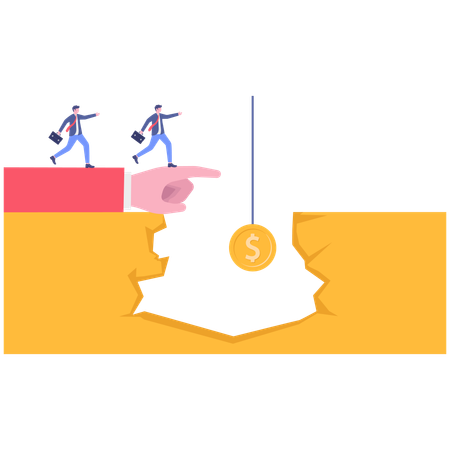 ビジネスマンがお金を求めて走りながら、お金を指しているビジネスハンド  イラスト