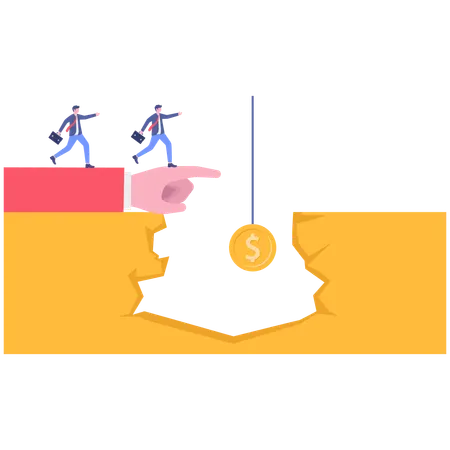 ビジネスマンがお金を求めて走りながら、お金を指しているビジネスハンド  イラスト