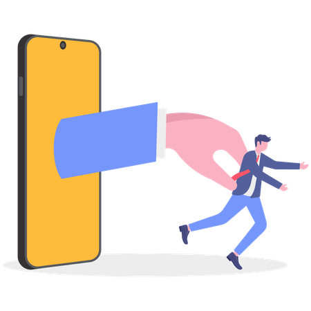 携帯電話からビジネスマンを引っ張るビジネスハンド  イラスト