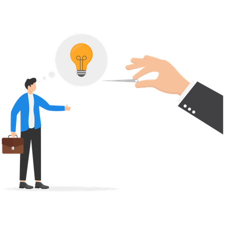 Business hand with a pin about to burst balloon with ideas  Illustration