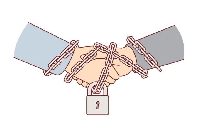 Business handshake between two partners with hands chained and locked as sign of guaranteeing  イラスト