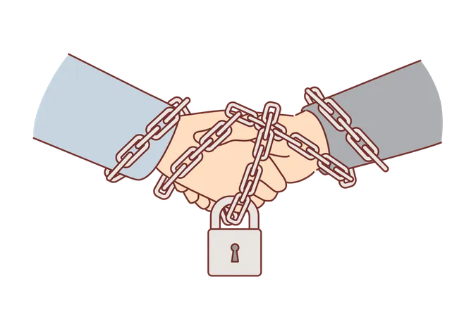 Business handshake between two partners with hands chained and locked as sign of guaranteeing  Illustration