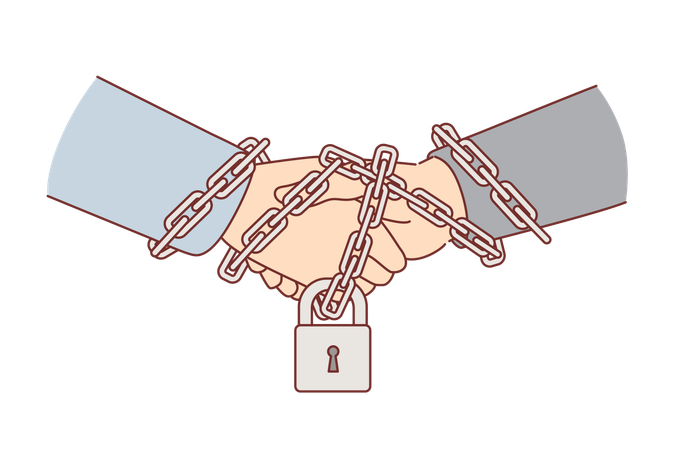 Business handshake between two partners with hands chained and locked as sign of guaranteeing  Illustration