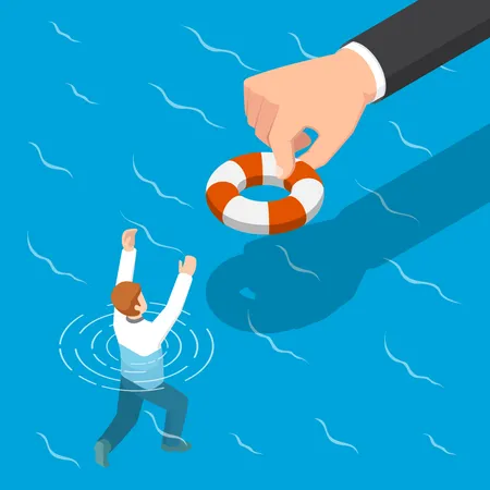 Flat 3 D Isometric Big Hand Giving A Lifebuoy To Help Businessman Helping Business To Survive Concept Illustration