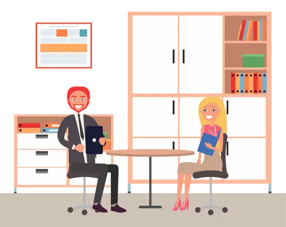 Business Meeting Or Working Process People Sitting In Office Workspace Communicating Cooperating Project Management And Teamwork Concept Happy Businesswoman Tells About Contract To Smiling Man Illustration