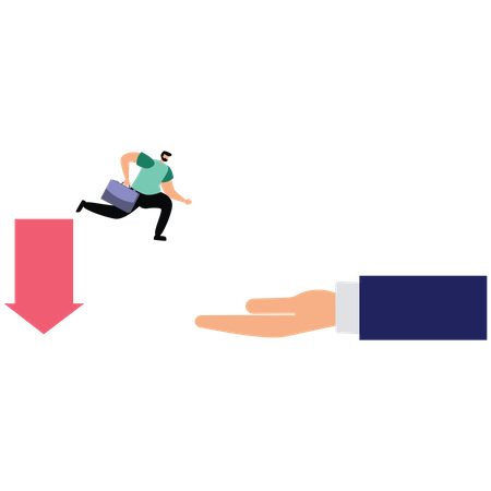 Business huge helping hand rescuing business person falling from downward arrow  Illustration