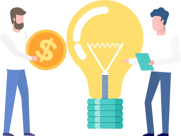 People Working On Project Together Vector Man Holding Gold Coin With Dollar Sign Isolated Lightbulb Idea Solution Of Business Project Problems Flat Style Illustration