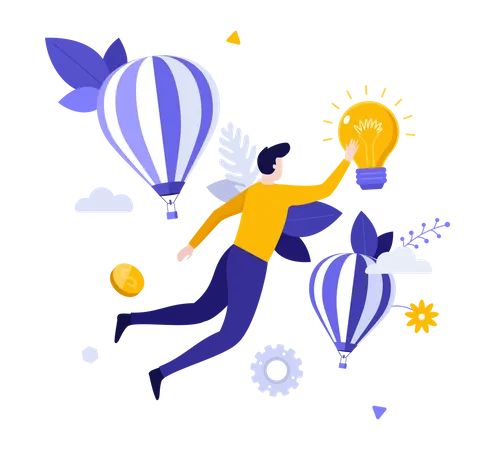 Man Flying Or Floating In Air And Touching Glowing Light Bulb Concept Of Creativity Creative Innovative And Inspiring Idea For Business Breakthrough Flat Cartoon Colorful Vector Illustration Illustration