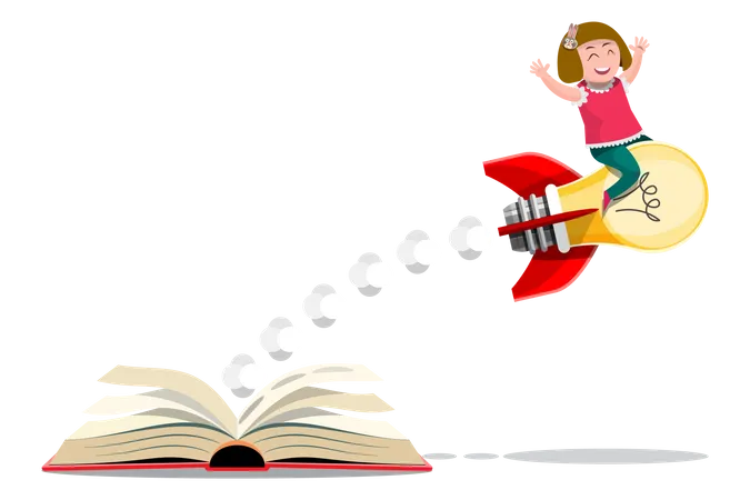 Knowledge Concept Idea Cartoon Vector Illustration Girl Ride The Idea Rocket Launch Form Book Its Like Having Knowledge Like Getting A Rocket On Ideas Vector Illustration In 3 D Style Illustration