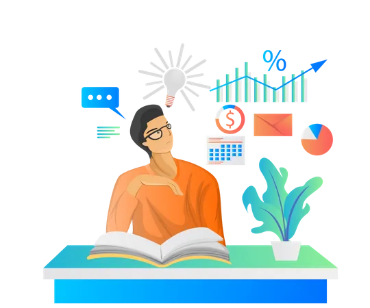 Isometric Style Illustration Of A Man Reading A Book And Getting A Business Idea Illustration