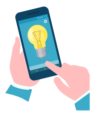 Smartphone With Light Bulb On Screen Person Holding Modern Device With Application For Idea Creation In Hands Creative Project With Technology Lighting Device Lightbulb In Mobile Phone App Illustration
