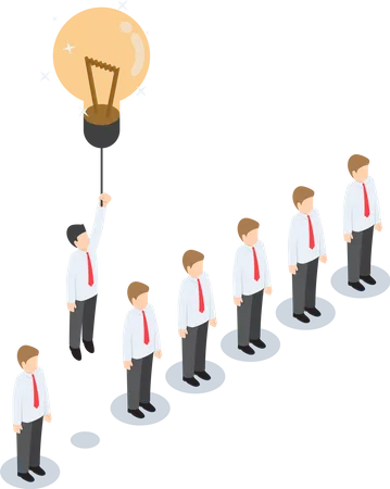 Isometric Businessman Flying Out From The Crowd By Light Bulb Of Idea VECTOR EPS 10 Illustration