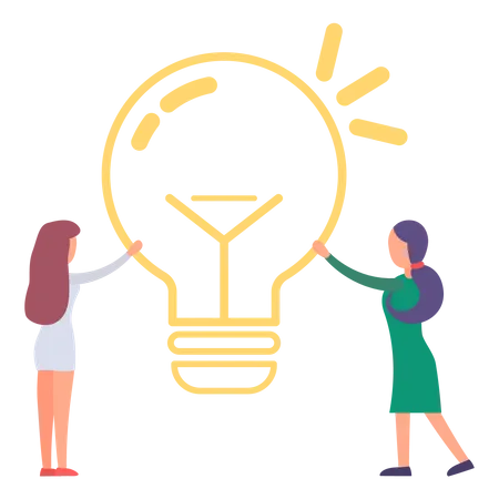 Two Women Looking On Outline Light Bulb Businesswomen Stand Near Symbol Of Idea Creative Solution For Business Object That Produces Lighting From Electricity Vector Illustration In Flat Style Illustration