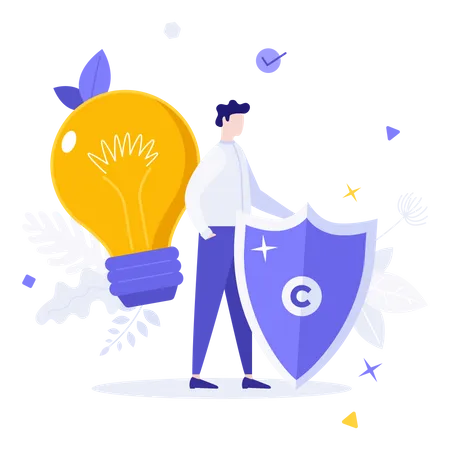 Man Protecting Lightbulb With Shield With Copyright Symbol On It Concept Of Protection Of Authors Idea Or Intellectual Property Rights Modern Flat Colorful Vector Illustration For Banner Poster Illustration
