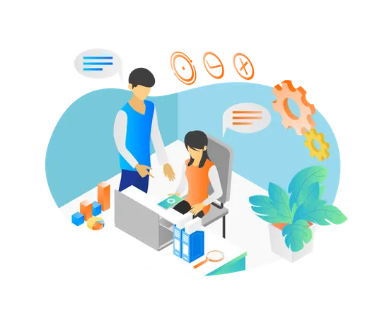 Isometric Style Illustration Of A Person Sharing Ideas With His Coworkers Illustration