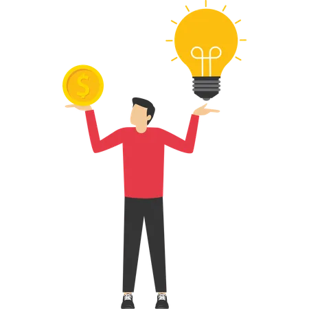 Business Idea To Make Money Smart Businessman With Lightbulb Idea In His Hand And Money Dollar Sign On Other Hand Illustration