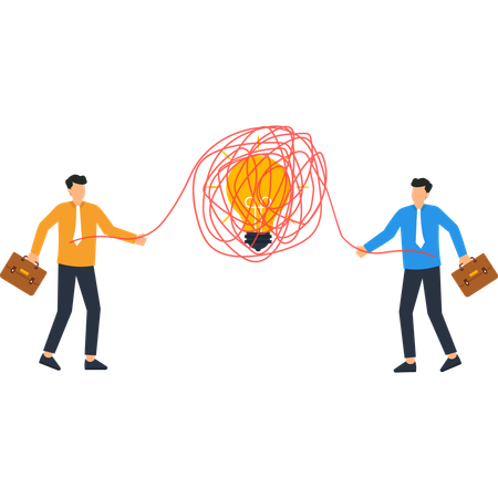 Business Idea Two Men with Briefcases Holding Red String Connected to a Lightbulb  Illustration