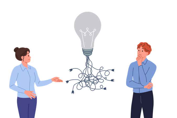 Business idea with many ways of implementation in form of light bulb with wires near man and woman  Illustration