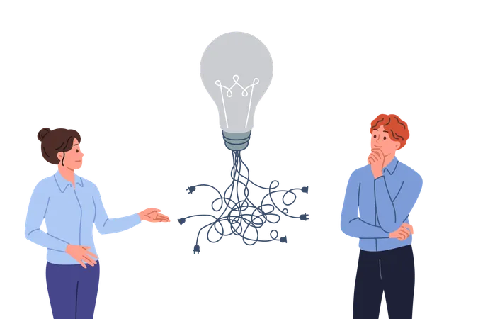 Business idea with many ways of implementation in form of light bulb with wires near man and woman  Illustration