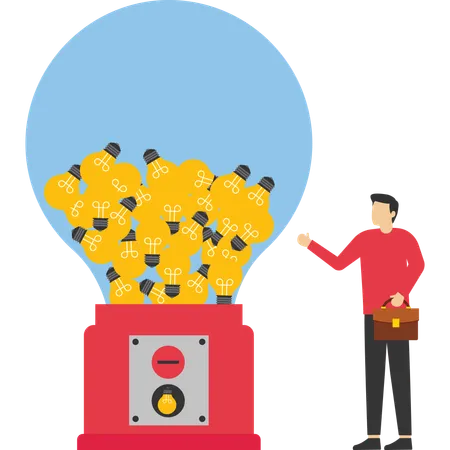 Business Ideas Smart Businessman With A Lot Of Ideas Standing With Gumball Machine With Abundance Of Lightbulb Ideas Illustration