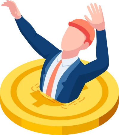 Flat 3 D Isometric Businessman Drowning Into Golden Dollar Coin Financial Crisis And Debt Concept Illustration