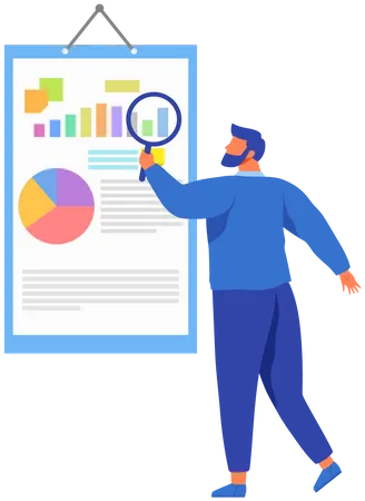 Reading Report Survey Concept Man With Magnifying Glass Looking For Information In Text Document Employee Analyzes Term Of Contract Analysis Data Launch Of New Business Project Check Startup Data イラスト