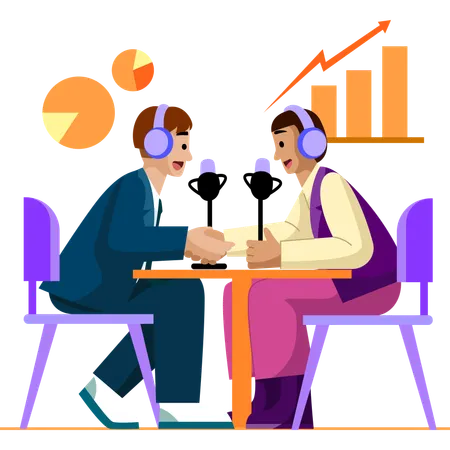 Depicts Two Professionals Hosting A Business Podcast Discussing Market Trends And Business Strategies To Foster Professional Growth Illustration