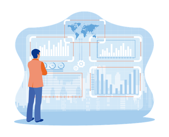 Business Intelligence Technology. Using Computer Software To Analyze Business Marketing Charts. Business Intelligence Technology And Big Data Concept. Trend Flat Vector Modern Illustration  Illustration