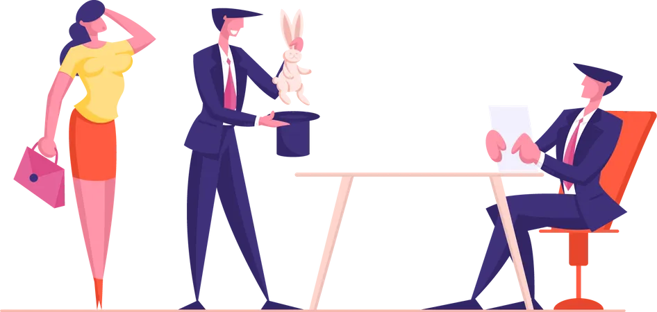 Couple Of Businessman And Businesswoman Using Top Cylinder And Rabbit To Demonstrate Business Skills To Investor Or Bank Employee To Get Investment Stunt With Bunny Cartoon Flat Vector Illustration Illustration