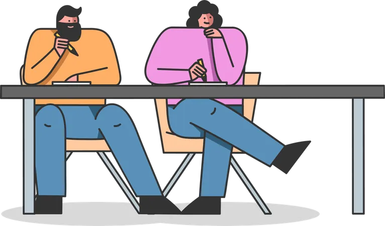 Concept Of Webinar Man And Woman Are Taking An Online Remote Joint Course Or Video Business Conference Listening To The Instructor In Front Cartoon Linear Outline Flat Style Vector Illustration Illustration