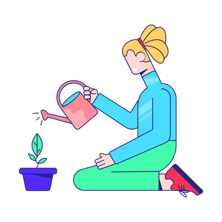 Girl Watering Flowers From A Watering Can Illustration