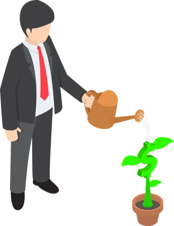 Isometric Usinessman Watering Dollar Flower Plant Financial Growth Investment Concept VECTOR EPS 10 Illustration