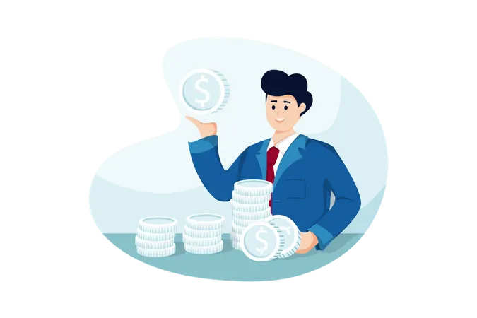 Man Puts A Coin On His Hands And Lots Of Coins On The Table Illustration