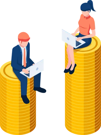 Flat 3 D Isometric Businessman And Businesswoman Working While Sitting On Different Size Of Coins Stack Business Competition And Make Money Concept Illustration