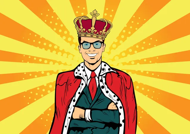 Business king. Businessman with crown. Man leader, success boss, human ego. Vector retro pop art comic drown illustration. Illustration
