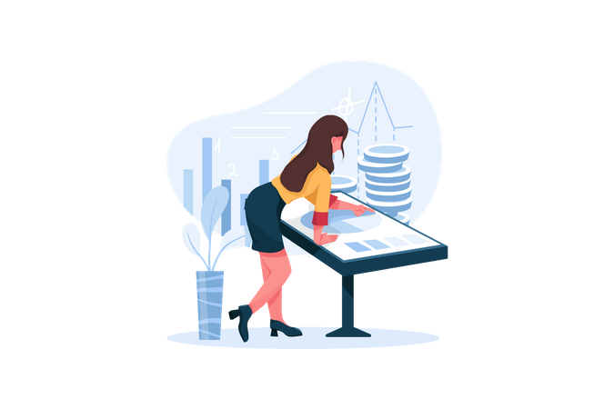 Business lady analyzing financial income with desk chart  Illustration