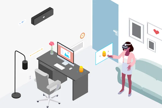 オフィスルームで VR メガネを通してライブプレゼンテーションを行うビジネスレディ  イラスト