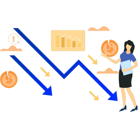 Girl Pointing To Down Arrow For Financial Crisis Illustration