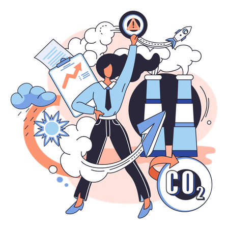 Business lady holding alert sign for carbon pollution  Illustration