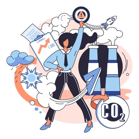Business lady holding alert sign for carbon pollution  Illustration